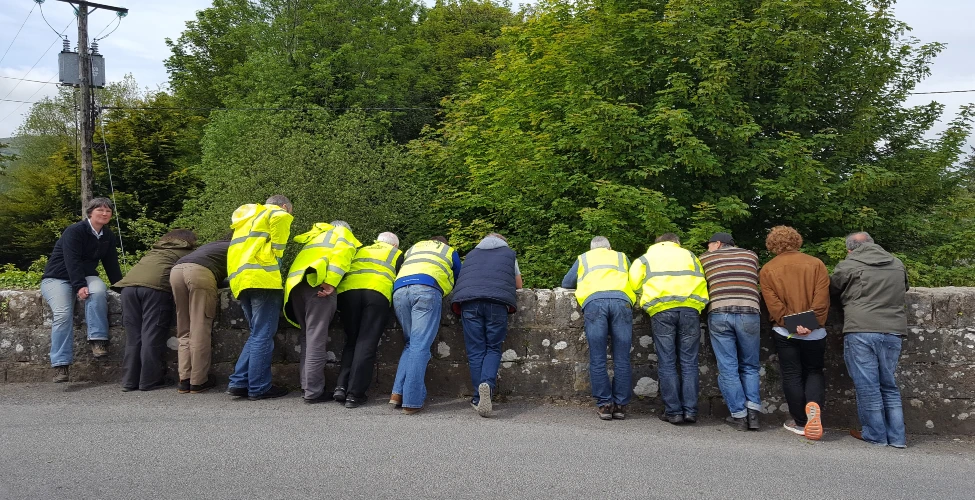 Group of people in high vis-vest looking over a bridge